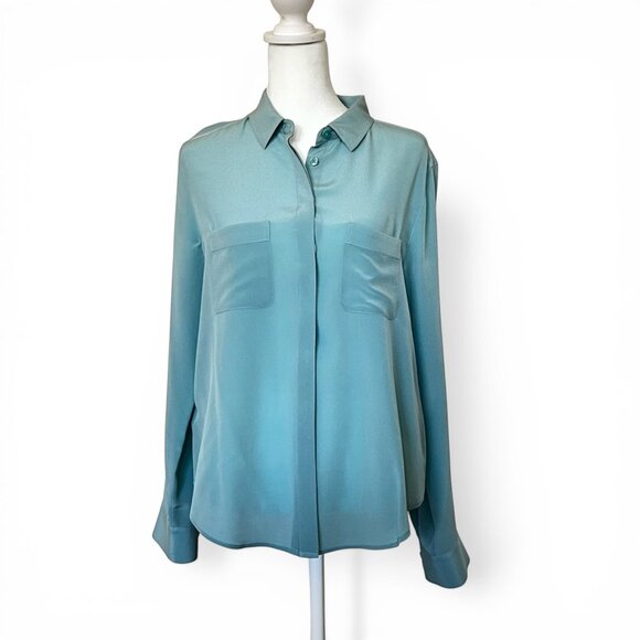 ANN TAYLOR Silk Blouse M Cornflower Blue Roll Tab Sleeve Chic Career Workwear - Picture 2 of 11